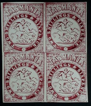 Rare 1889 Tasmania Australia Blk 4x2/6 - Carmine St George & Dragon Stamps Reprnt