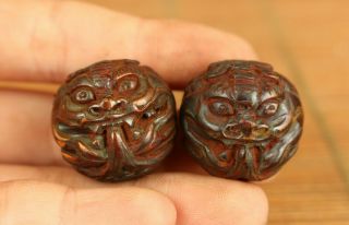 Asian Rare Old Yak Horn Handcarved Pair Bat Statue Pendant Necklace Noble Gift