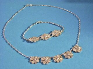 . 925 Sterling Silver 17.  5 " Necklace & 7.  5 " Bracelet Set Rare Flower Design