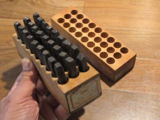 Old/vtg “young Bros” 1/4” Steel Stamps Set Antique/rare Machinist Tool,  Wood Box