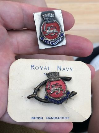 2 Rare 1940 British Royal Navy Ww2 Hms Malaya Insignia Pins