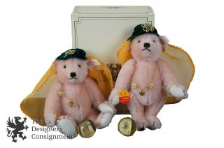 2 Rare Steiff Fortune Teller Jointed Teddy Bears Knopf Crystal Ball Box
