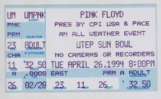 Rare Pink Floyd 4/26/94 El Paso Tx Utep Sun Bowl Stadium Ticket Stub