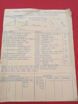 Charterhall Motor / Motor Cycle Drivers Final Instructions 4th Oct 59 Very Rare