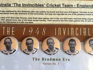 1948 RARE Invincibles Bradman Era series no1 complete set of Pin Bages mounted 4