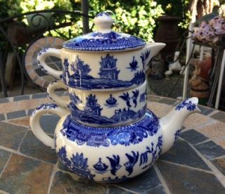 Rare Blue Willow Cosy Teapot Stacked Teapot Creamer And Sugar Bowl With Lid