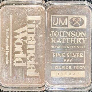 Johnson Matthey - Financial World - 1 Oz Silver Bar.  999 Ultra Rare 1000 Minted