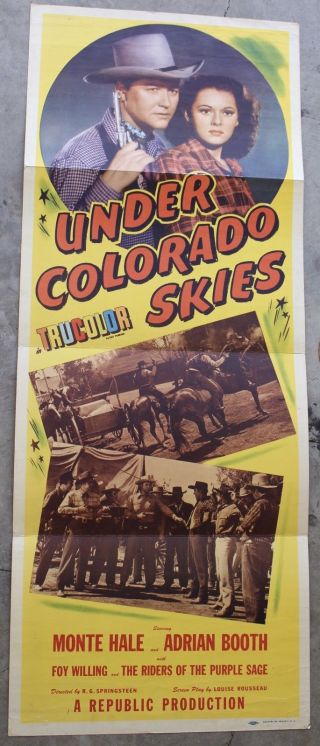 Rare 1947 Under Colorado Skies Monte Hall Movie Poster Western 36x14”