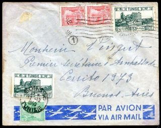 France Tunisia To Argentina Air Cover 1950 (a Stamp Missing) Rare Destination