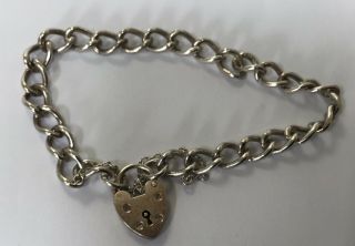 Lovely Rare Vintage Silver Charm Bracelet With Heart Padlock & Safety Chain 8”
