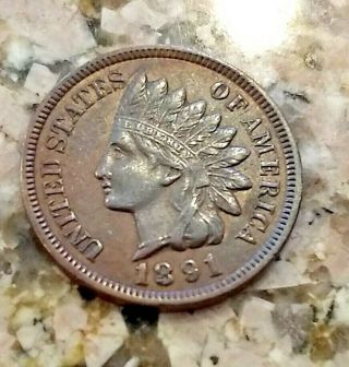 Rare 1891 U.  S Indian Head Penny Clear Brown Tones Sharp Details N/r