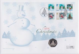 Gb Stamps First Day Cover 2006 Christmas & Rare Uncirculated Gibraltar 50p Coin
