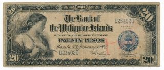 Bank Of Philippine Islands 20 Pesos 1st Jan 1928 P.  18a Rare Note Vg