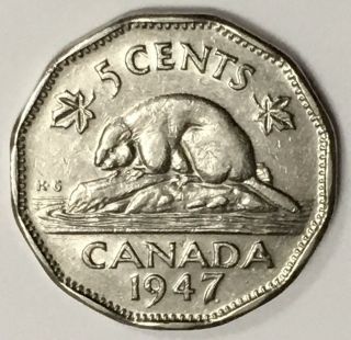 1947 Canada 5 Cents Coin Rare Dot At Date (l938)