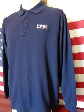 Vtg Ping Golf Karsten Usa Made Navy Blue Long Sleeve Polo Shirt Mens Large Rare