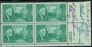 Rare Autographed Us Roosevelt 1 Cent (no.  930) Plate Block (4) - Mnh,  Og