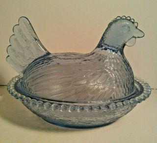 Rare Vintage Indiana Light Blue Glass Chicken Hen On Nest Covered Dish