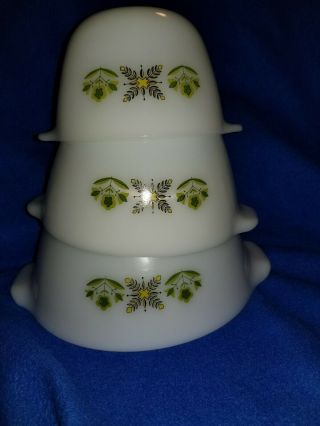 Rare Vintage Fire King Milk Glass W/ Green Flowers Nesting Mixing Bowls Set Of 3