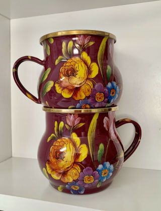 Mackenzie Childs Very Rare Purple Plum Flower Market Enamel Mugs Set 2