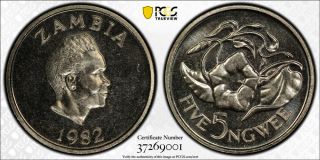 1982 Zambia 5 Ngwee Pcgs Pr63 - Extremely Rare Kings Norton Proof