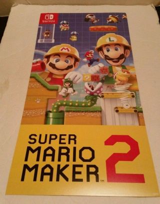Mario Maker 2 Poster 24x11.  5 Nintendo Switch Game Room Promo Retail Rare