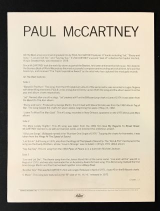 PAUL MCCARTNEY All The Best RARE PRESS KIT 1987 w/Photo Capitol Beatles 3