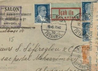 Turkey - Egypt Rare Airmail Letter Colored Stamps & Air Label With Censored Alex40