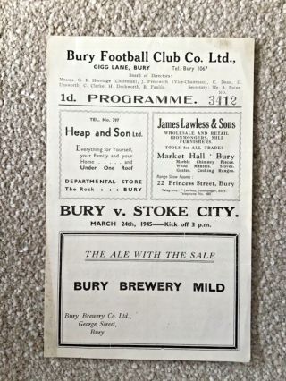Rare 1944/45 Bury V Stoke City Football Programme.  War Cup.  Four Pager.