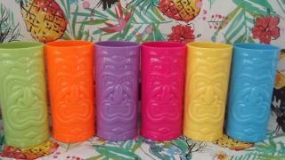 Tropical Tiki Cups Rare Set 6 Plastic 28 Oz Luau Party Tumblers Glasses