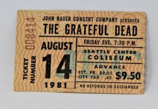Grateful Dead Concert Ticket Stub August 14 Seattle Center Coliseum Very Rare