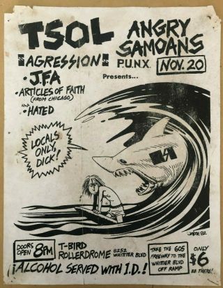 Rare 1982 Flyer Tsol Angry Samoans Agression Jfa Hated @ T - Bird Roller Punk Kbb