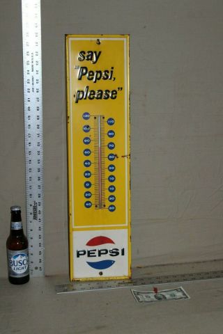 Rare 1960s Say Pepsi Please Soda Pop Metal Embossed Thermometer Sign Fountain