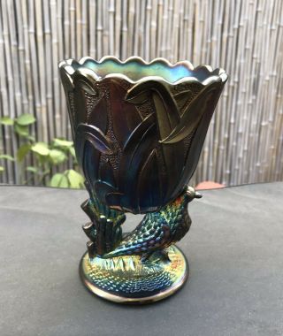Rare Robert Hansen Signed Bird In Rushes Vase Cup Carnival Glass Iridescent
