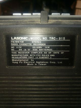VERY RARE Lasonic TRC - 915 Radio/Headphone Jack/ Cassette Boombox 3