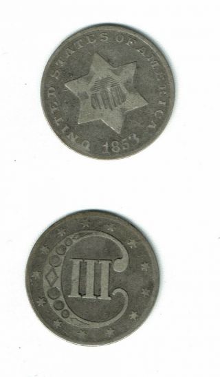 1853 3c Silver Three Cent Piece (trime) ; Rare Obsolete Coin