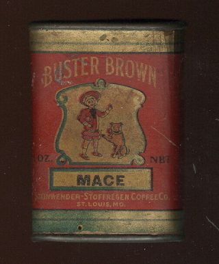 Rare 1 Oz.  Buster Brown Mace Spice Tin,  Steinwender - Stoffregen,  St.  Louis,  Mo.