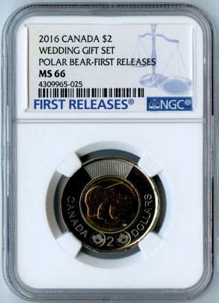 2016 Canada Ngc First Releases Ms66 Wedding Gift Set - Polar Bear $2 Toonie Rare