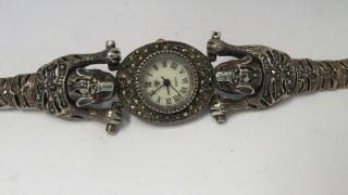 Silver Tiger Sterling Watch 925 Sterling Marcasite & Rubies Eyes Exquisite Rare