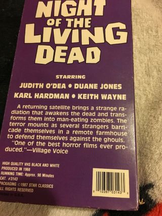 1987 Night of the Living Dead Rare Star Classics VHS No.  3143 B&W 2