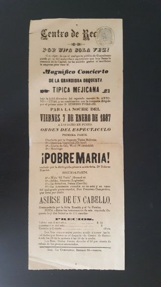 Rare & Colonial Spain 1887 Spanish Theatre Playbill Pobre Maria,  Poster