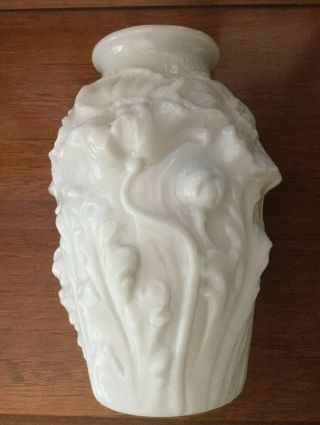 Vintage RARE White Milk Glass Vase Embossed Flowers Stems Leaves EUC 3