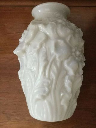 Vintage RARE White Milk Glass Vase Embossed Flowers Stems Leaves EUC 5