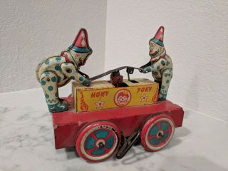 1940s Wyandotte " Hoky Poky " 6 " Wind - Up Vintage Tin Toy,  Clowns On Handcar - Rare