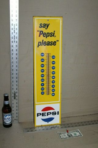 Rare 1960s Say Pepsi Please Soda Pop Metal Thermometer Sign Fountain Service Gas