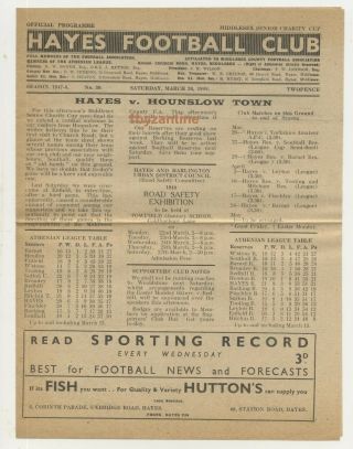 Rare 1948 Hayes V Hounslow Town Football Club Programme Middlesex Cup