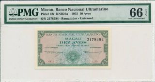 Banco Nacional Ultramarino Macau 10 Avos 1952 Unissued.  Rare Pmg 66epq