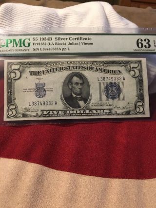 Fr 1652 1934 - B $5 Dollar Silver Cert.  Lg Blu Seal Note Cu63 Epq Pmg Cert.  Rare (b)