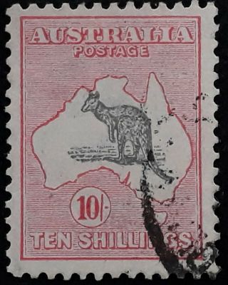 Rare 1932 - Australia 10/ - Grey&pink Kangaroo Stamp Multi Crown Cofa Wmk