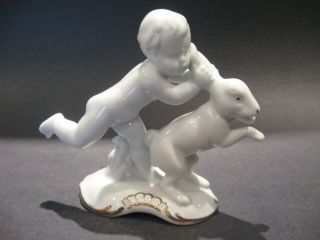 Rare Vintage Erphila Er Fine German Porcelain Boy With Rabbit Easter Figurine
