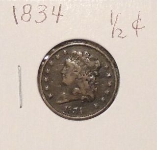 1834 Classic Head Half Cent - Circulated - Very - Very Rare - 141m Minted